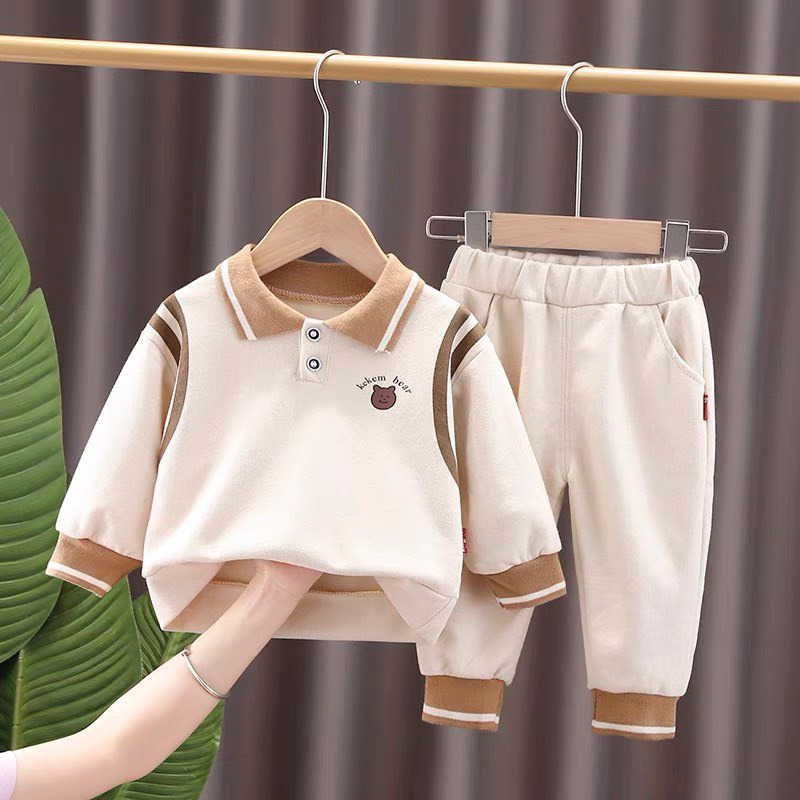 Bộ thu đông bé trai, bé gái, Set quần áo thun nỉ logo gấu áo phông polo dài tay và quần dài jogger cho bé từ 7-20 kg