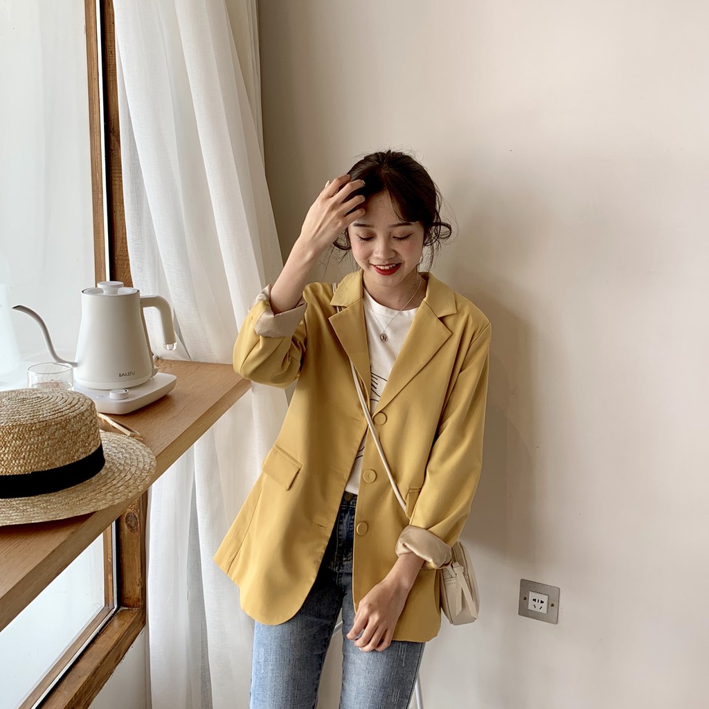 (Hàng Đẹp)Ảnh thật 5 hình cuối-Áo blazer phong cách Hàn Quốc vàng ngỗng
