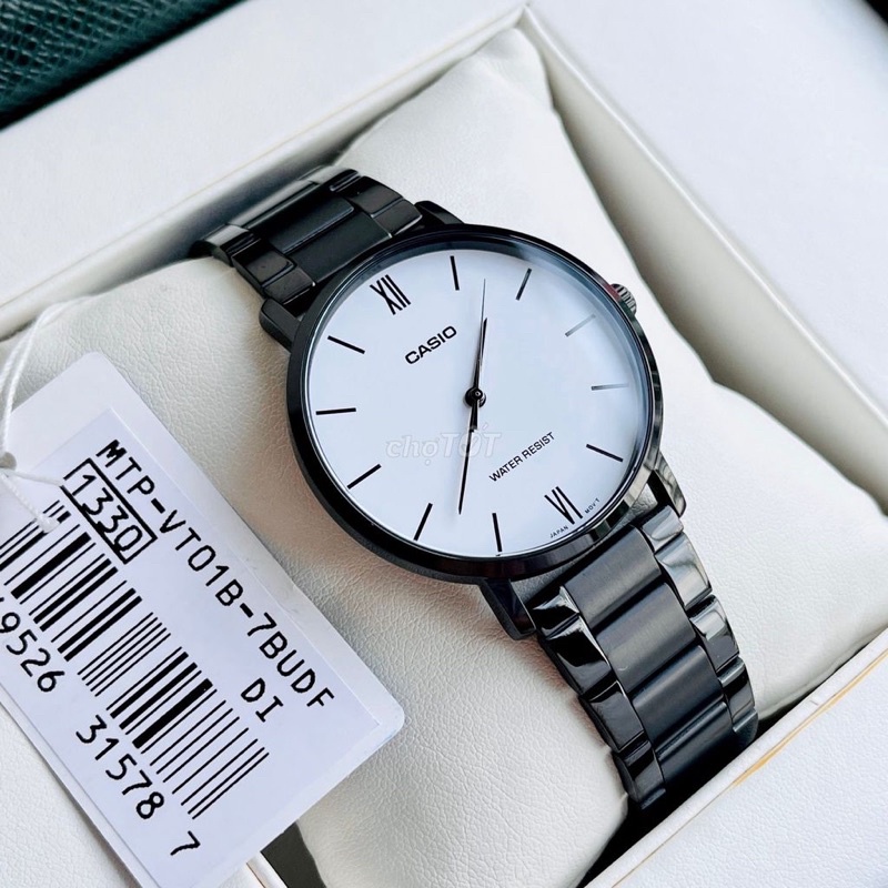 Đồng hồ Nam Casio MTP-VT01B-7B, đồng hồ chính hãng, dây thép đen mặt trắng