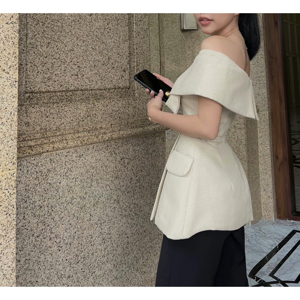 Áo trễ vai thiết kế dạ tweed mỏng 2 lớp tay ngắn