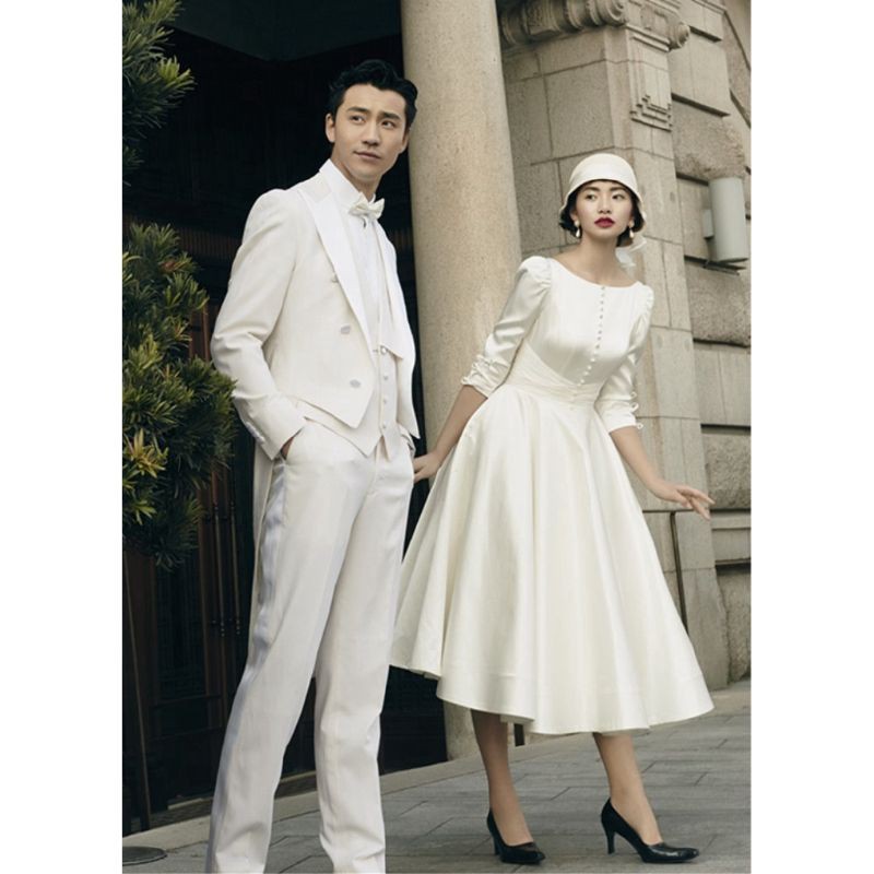 váy cưới cô dâu phong cách châu âu, váy trắng xoè tay lỡ đính cúc bọc sang trọng | BigBuy360 - bigbuy360.vn