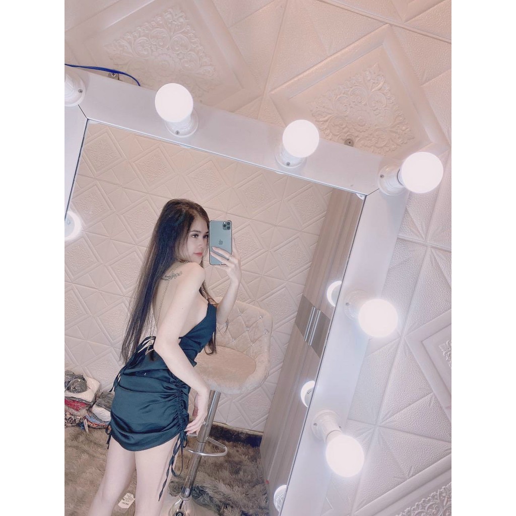 Đầm body dây xích rút 2 bên vải satin nhung cao cấp có mút ngực | BigBuy360 - bigbuy360.vn