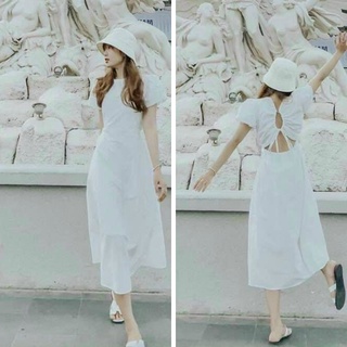 Đầm midi trắng cutout lưng váy nữ đi biển dáng dài hở lưng sang trọng đi du lịch