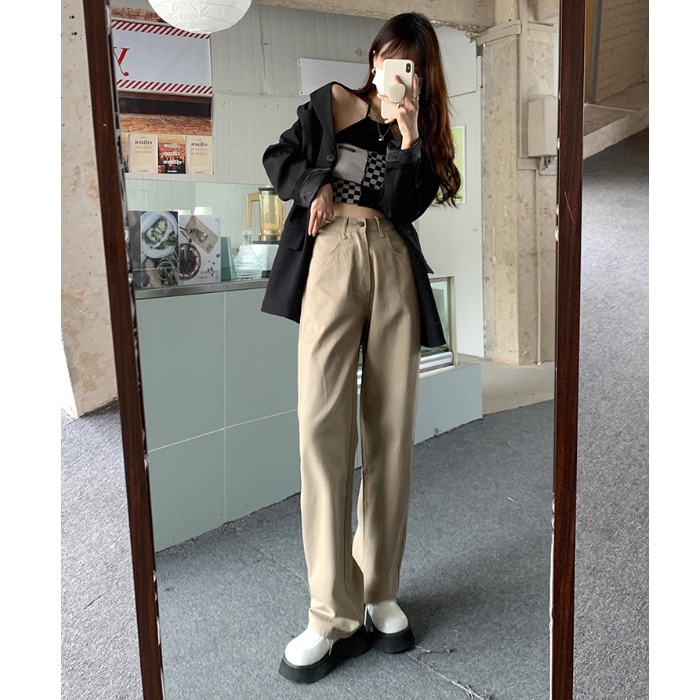 Xiaozhainv Quần jean nữ cạp cao ống rộng thời trang phong cách Hàn Quốc