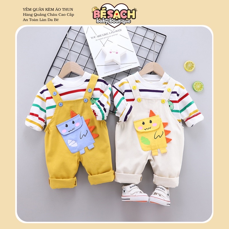 Bộ Yếm Quần Kèm Áo Thun Dài Tay Cho Bé Trai Vải Cotton Có Túi Họa Tiết Sọc Cầu Vòng Khủng Long Phong Cách Hàn Quốc Thời