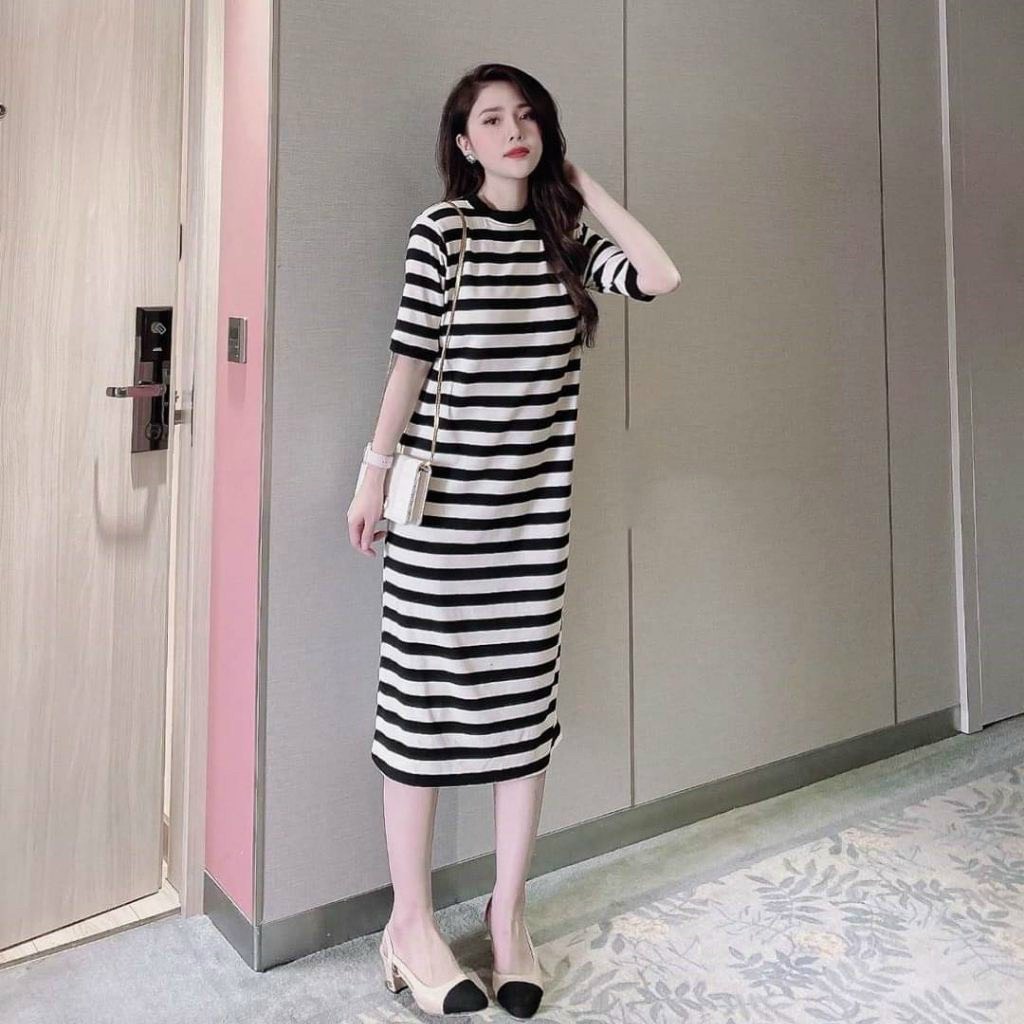 Đầm Bầu Xuông Kẻ Ngang Váy Bầu Mùa Hè Dáng Dài Chất Zip Co Giãn Mềm Mại Có Cổ Công Sở HD2917 Honey Mommy