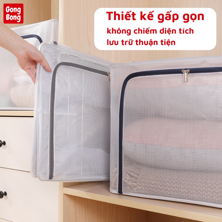 Hộp đựng quần áo chăn màn vải trong suốt chống thấm nước có khung thép có nắp khóa kéo dung tích 66l Gong Bong store