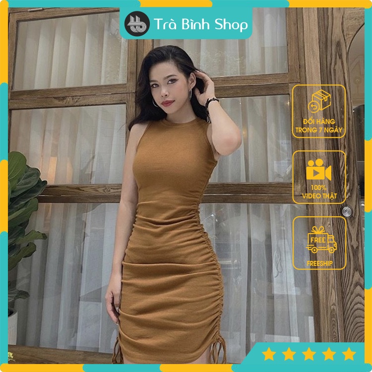 Đầm body sát nách rút dây eo Váy ôm cổ tròn tôn dáng | BigBuy360 - bigbuy360.vn