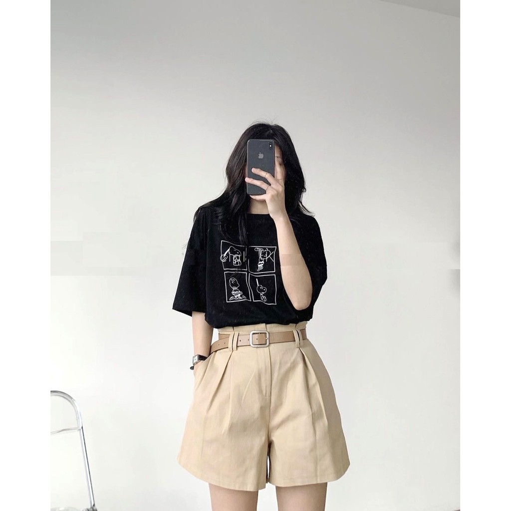 Set Short Ống Rộng Kẻ Ô Snoopy PEONYB Nữ [FREESHIP] 🌸 Bộ áo in hình chó cute, quần sooc oversize màu BE | ĐEN Ulzzang 🌸 | BigBuy360 - bigbuy360.vn