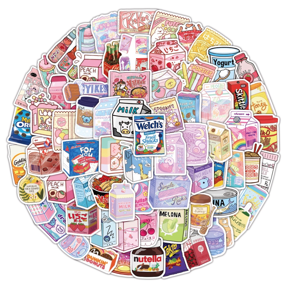 Combo 100 Sticker FOODY DRIND SNACK ĐỒ ĂN hình dán chống nước dán mũ bảo hiểm, laptop, vali, điện thoại, guitar