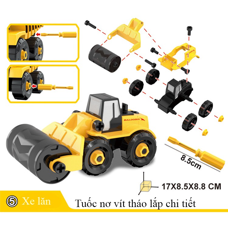 Bộ đồ chơi lắp ráp xe công trình gồm 6 xe kèm hộp đựng, tua vít, nhựa nguyên sinh kích thích tính thực hành của bé -KAVY