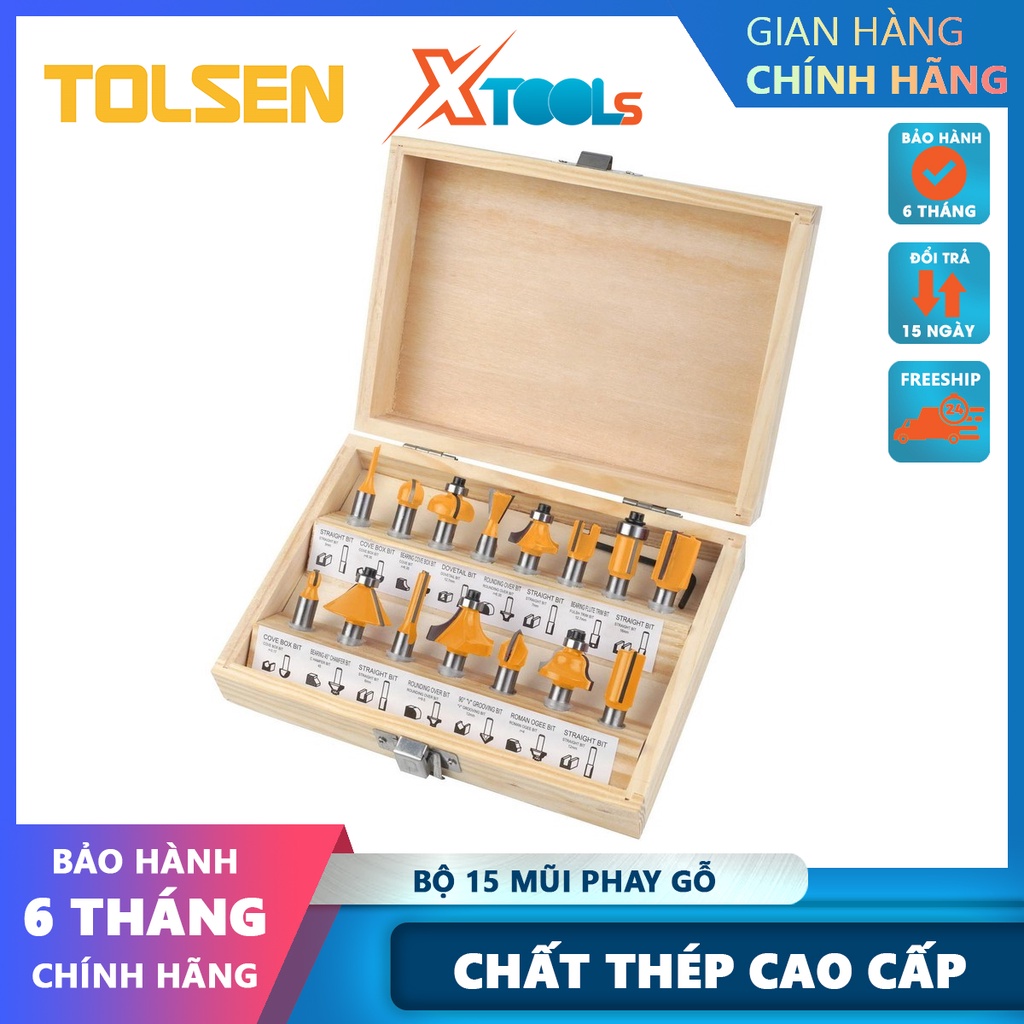 Bộ mũi phay gỗ TOLSEN 75681 8mm, bộ 15 mũi soi gỗ Đường kính mũi từ 1/4&quot;(6.3mm)-1/2&quot; (12.7 mm) [CHÍNH HÃNG][XTOOLS]