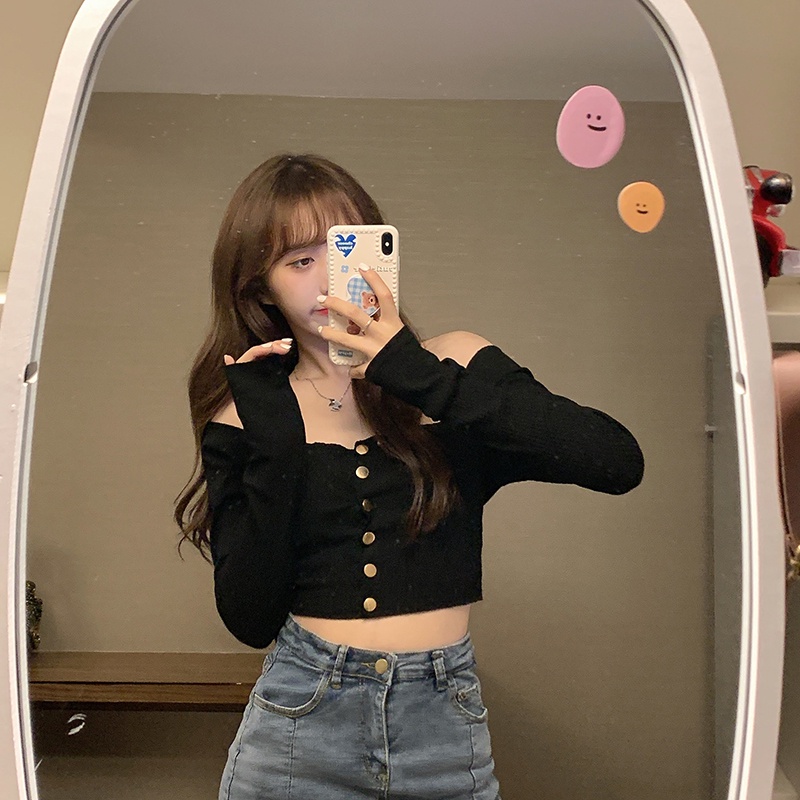 Áo dệt kim trễ vai cổ cao co giãn họa tiết kẻ sọc thời trang