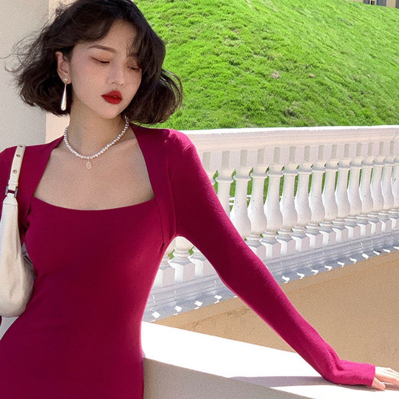 Đầm IELGY dệt kim tay dài cổ vuông phong cách Hong Kong cổ điển thời trang cho nữ