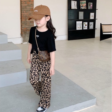 Quần Ống Loe Xẻ Tà In Họa Tiết Da Báo Phong Cách Phương Tây Thời Trang Cho Bé Gái