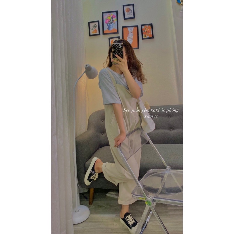 Sét Quần yếm kaki kèm áo thun nữFREESHIP  Bộ đồ culottes phông form rộng tay lỡ bánh bèo cá tính năng động đẹp Ulzzang