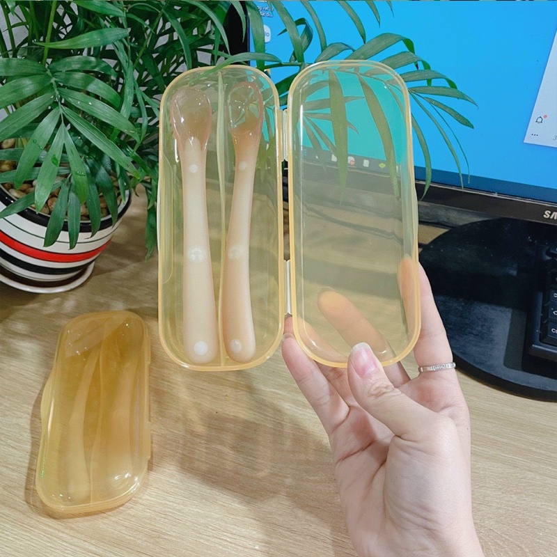[CÓ HỘP ĐỰNG] Set 2 thìa silicon cho bé mới tập ăn dặm, thìa silicone ăn dặm cho bé