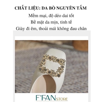 Giày nữ đế vuông mũi vuông  cao gót bít mũi 3 phân đính đá es, da mềm mại big size màu đen be trắng FFAN STORE