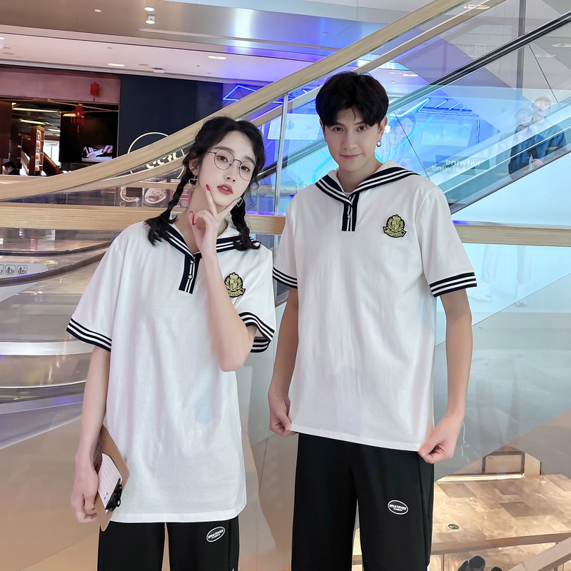 Áo Thun Tay Ngắn Cổ Thủy Thủ Phong Cách Preppy Thời Trang Mùa Hè Cho Cặp Đôi