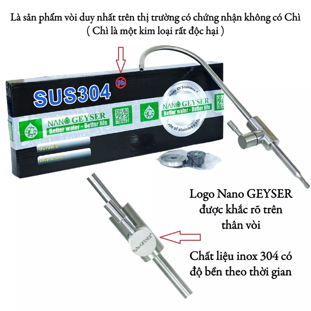 Vòi máy lọc nước, Vòi gạt Inox 304 Nano Geyser, Vòi Không Chì, Tặng cút nối nhanh và dây phi 6