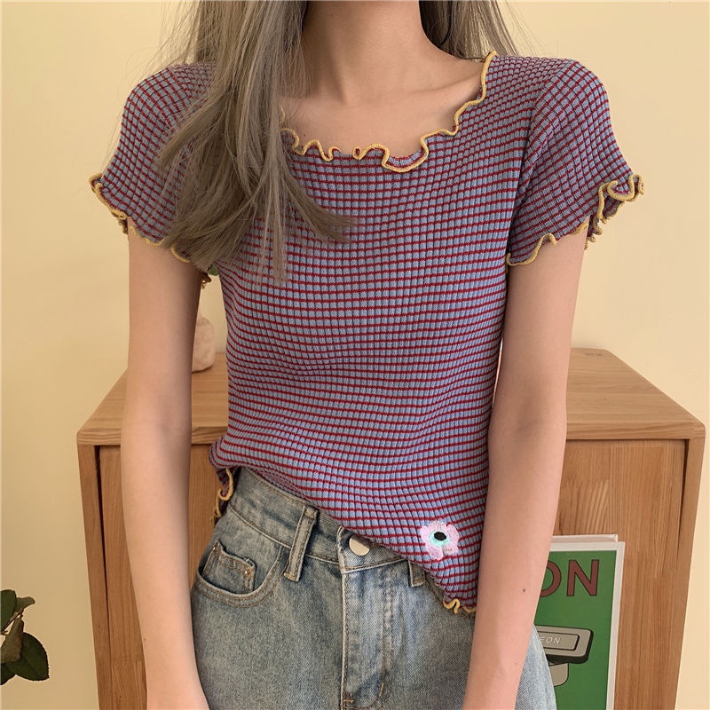AMOI Áo Thun Tay Ngắn Họa Tiết Sọc Thời Trang Phong Cách Hàn Quốc Cho Nữ