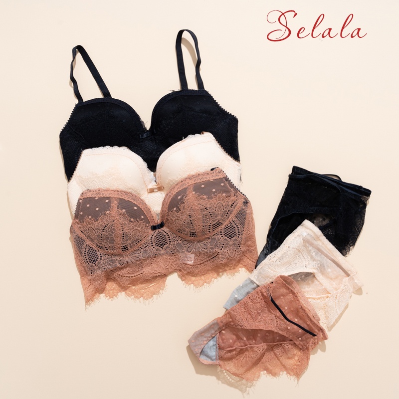 Set Đồ Lót Ren Selala Không Gọng Đính Nơ Cúp Ôm Ngực Thoải Mái SET19