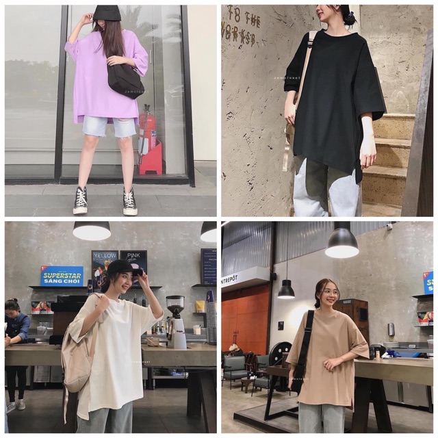 Áo thun tay lỡ dáng rộng dưới 75kg xẻ tà siêu hot
