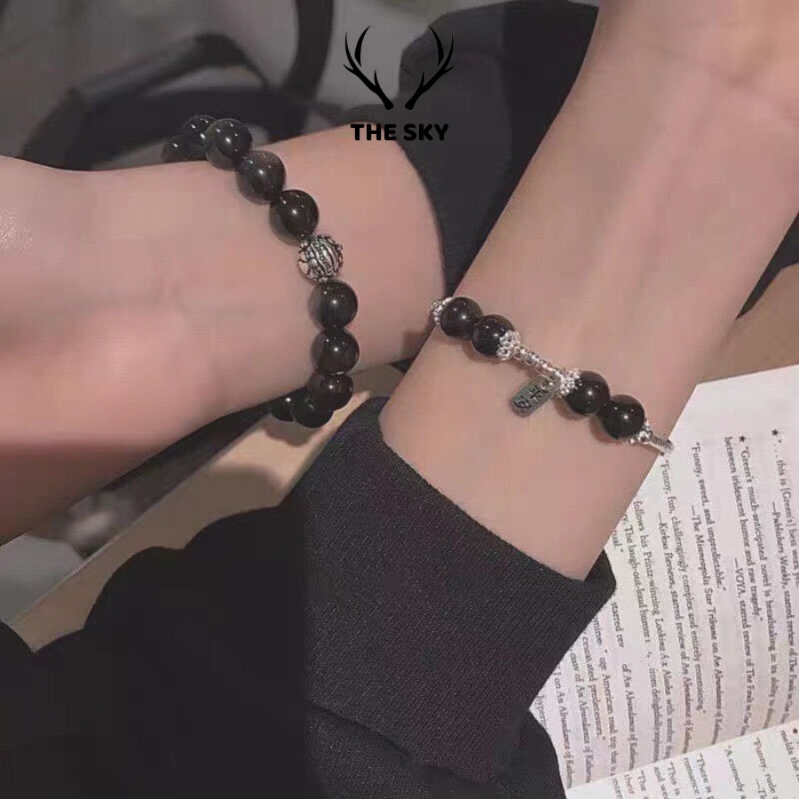 Vòng tay đôi, vòng phong thuỷ đá Obsidian tượng trưng cho sự hộ mệnh toàn vẹn freesize dành cho nam và nữ VT1016