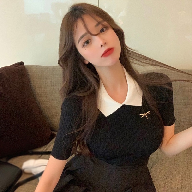 Áo Croptop Dệt Kim Dáng Ôm Thêu Họa Tiết Xinh Xắn Thời Trang Hàn Quốc Cho Nữ