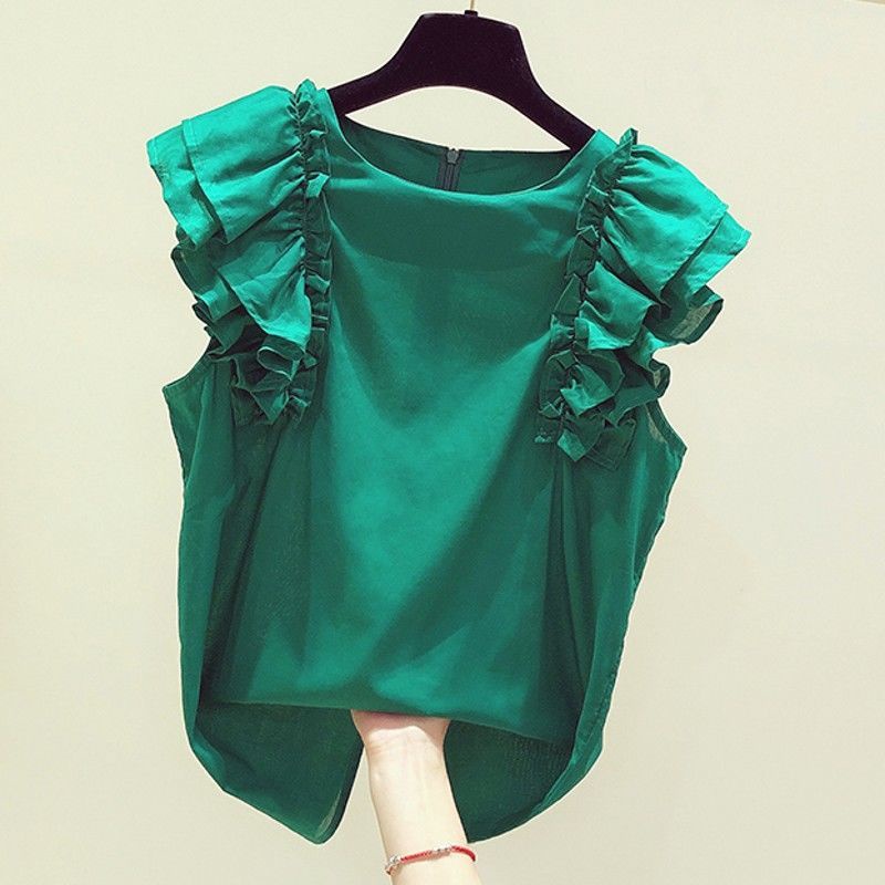 Áo Sơ Mi Chiffon Cổ Tròn Viền Bèo Phong Cách Hàn Quốc Thời Trang Cho Nữ