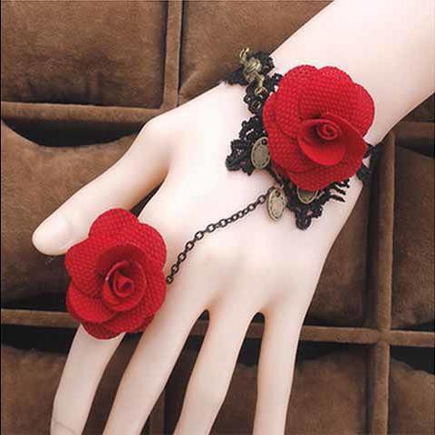 Vòng tay choker nữ chất liệu vải ren hoa hồng liền nhẫn sang chảnh