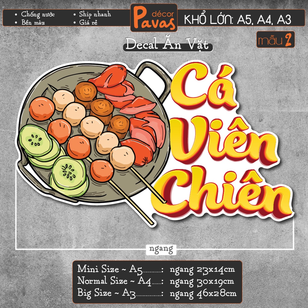 Decal Cá Viên Chiên, Xiên Que chống nước trang trí dán quán trà sữa, cà phê, quán ăn, dán tường, tủ. TTQ06
