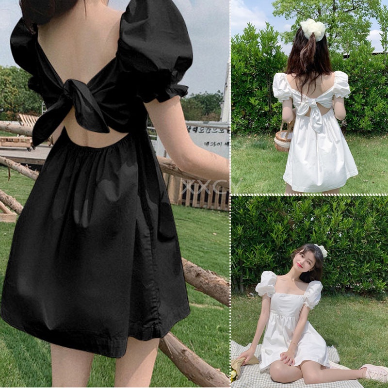 Váy đen cổ điển kiểu Pháp gợi cảm, váy tay phồng hở lưng, đầm trắng công chúa, tiệc đi tiệc sang trọng