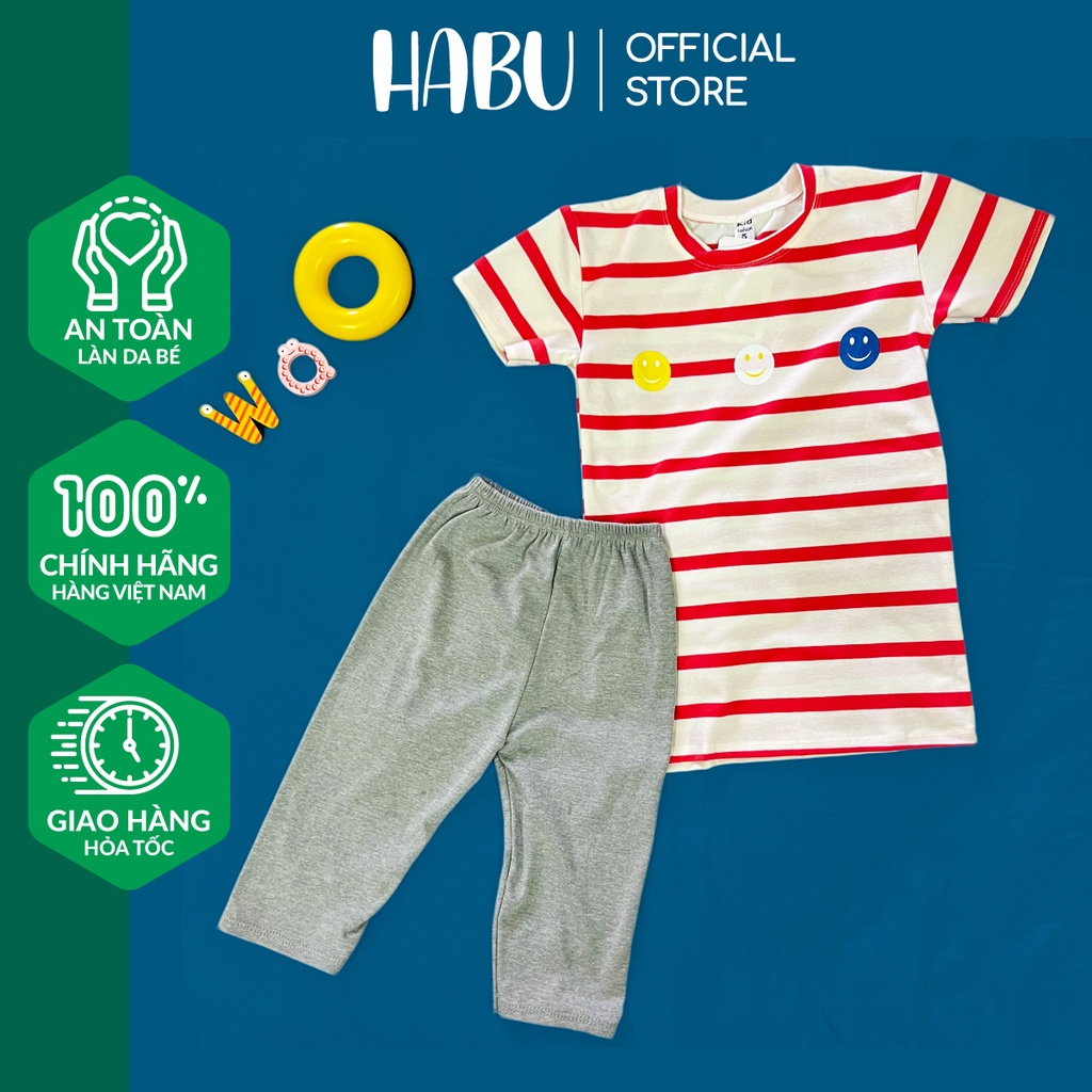 Bộ cộc tay bé trai, bé gái cotton tầu HABU áo cộc tay kẻ sọc quần legging ngố đùi