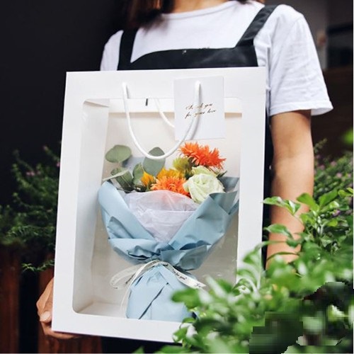 Set 10 Túi Hộp Giấy Mặt Kính Mika Đựng Hoa, Quà Tặng Sang Trọng