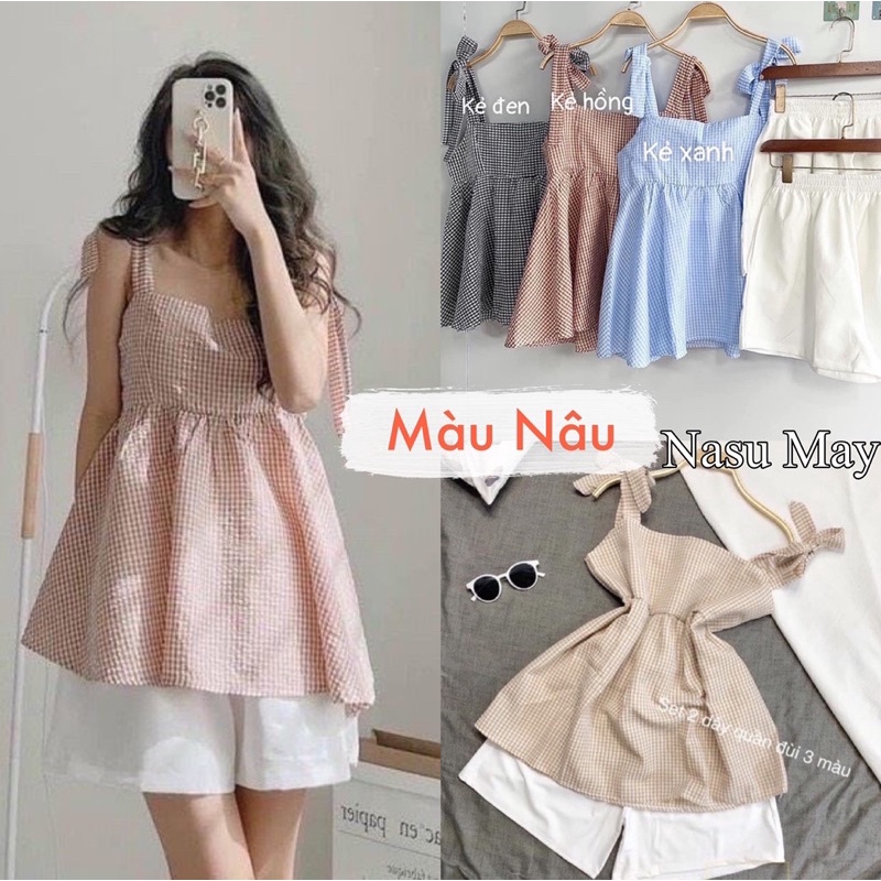 Set Áo Babydoll 2 Dây Kẻ Caro Xanh Xốp Kèm Quần Short Trắng - Xanh Đen Nâu