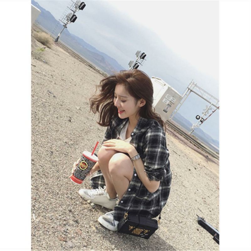 Áo Khoác Sơ Mi Nữ Tay Dài Sọc Caro Unisex Ulzzang
