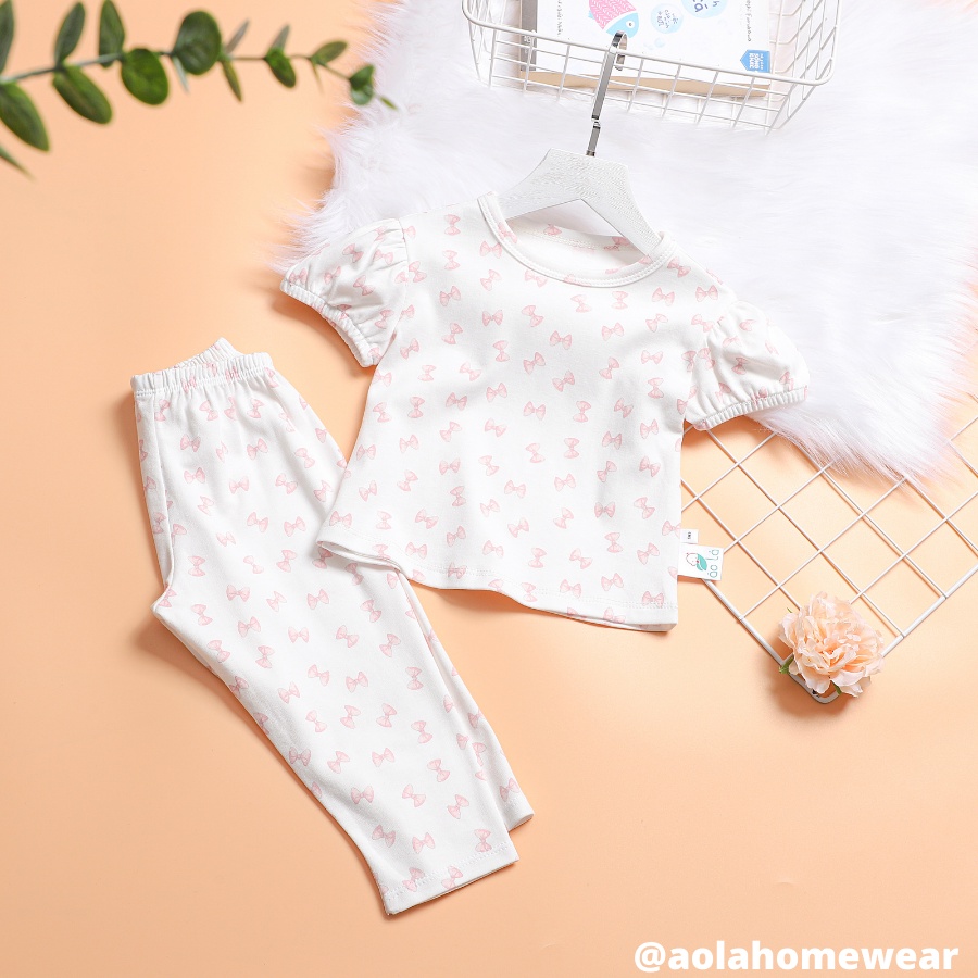 Bộ tay ngắn quần dài bé gái thun cotton mặc ngủ mùa hè áo tay phồng họa tiết hoa nhí thỏ Áo Lá Homewear BCTB22