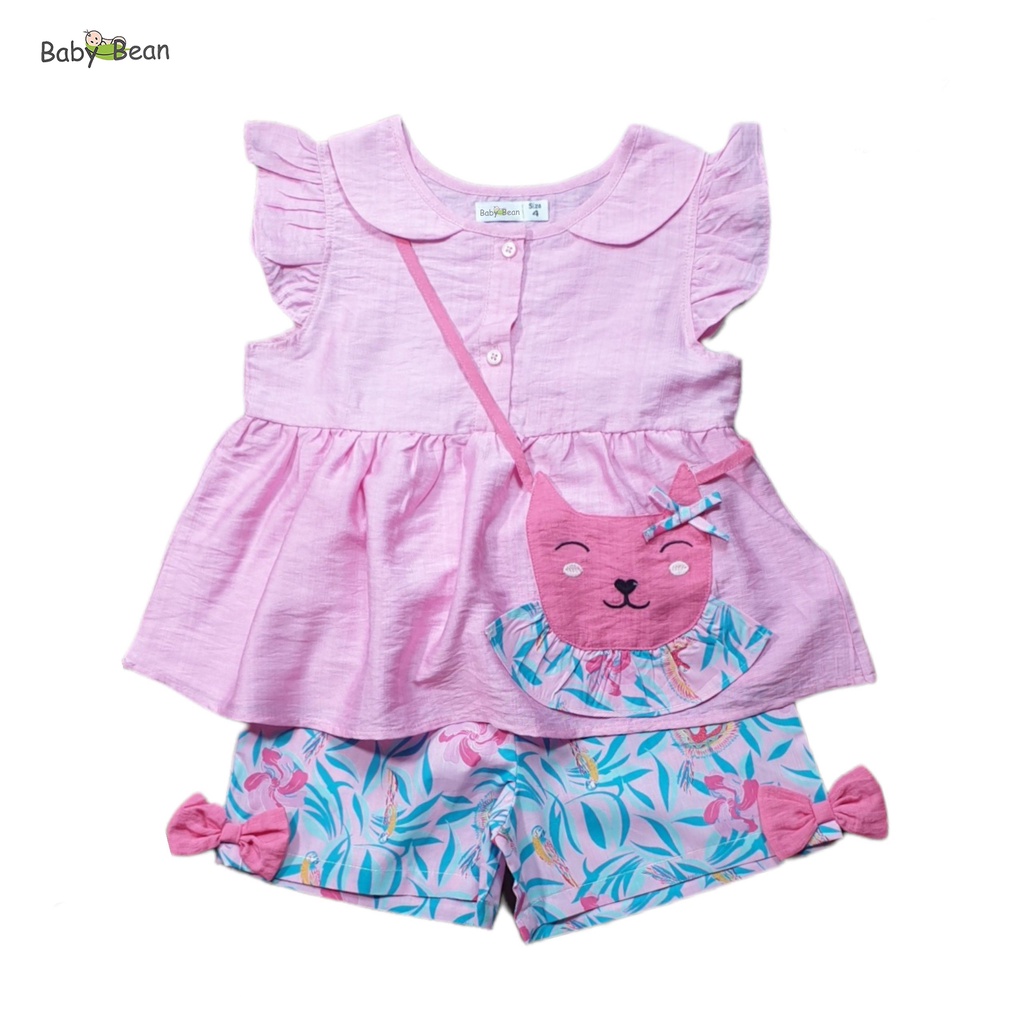 Bộ Đồ Đũi Tay Cánh Tiên Túi Đắp hình Mèo Bé Gái BabyBean