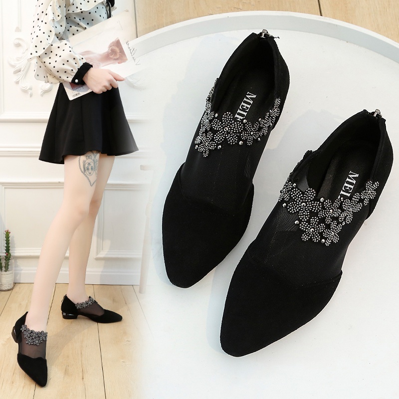 Giày Búp Bê Đế Bằng Phối Lưới Đính Đá Trang Trí Sành Điệu Thời Trang Hè 2022 Cho Nữ Size 41-42