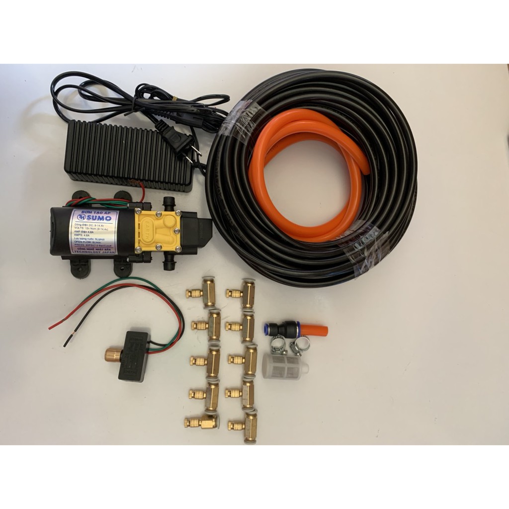 bơm tưới lan. phun sương bộ bơm sumo Đen kèm ng,uồn 12v_5a. 15m dây phun. 10 béc đồng , bộ sumo đen kèm chiếc áp