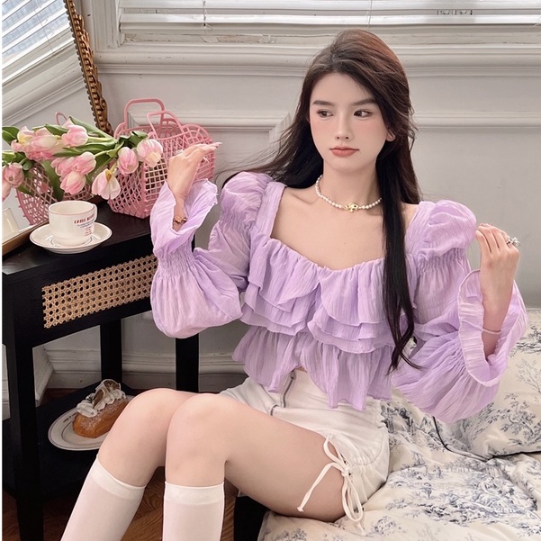 Áo crop top Tay Dài Cổ Vuông Chất Liệu chiffon Phong Cách vintage Thời Trang Cho Nữ