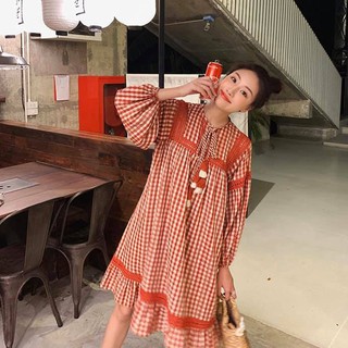 Đầm suông đuôi cá caro đỏ tua rua