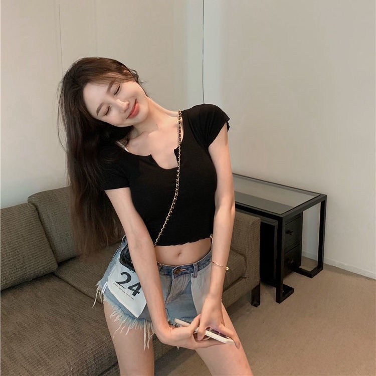 Áo thun dệt kim tay ngắn dáng ôm nhiều màu phong cách mùa thu cho nữ