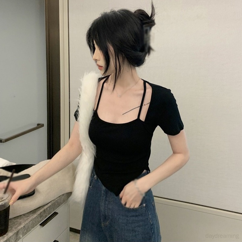 Áo Thun Croptop Tay Ngắn Cổ Vuông Màu Sắc Đơn Giản Cho Nữ