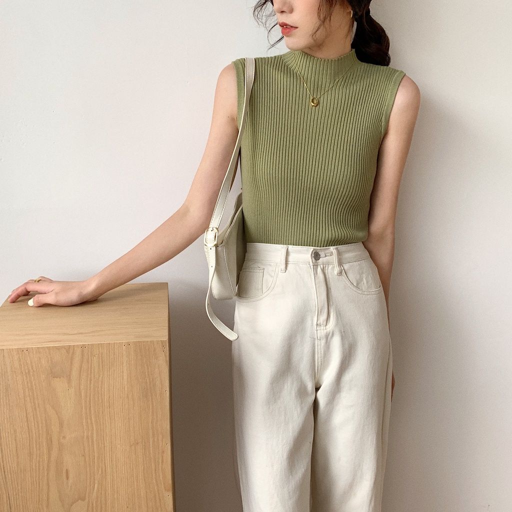 Áo Dệt Kim Sát Nách Màu Sắc Đơn Giản Phong Cách Hàn Quốc