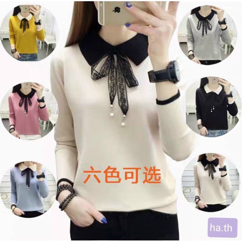 Áo len nữ dài tay cổ đức nơ ren đính ngọc, áo len đẹp  sẵn hàng tại shop