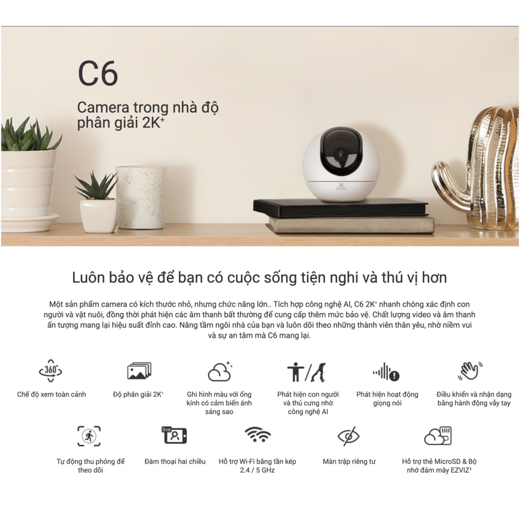 Camera Ezviz C6 2K+ Call Bằng Vãy Tay, Sóng Cả Sóng 5Ghz, Siêu Nét, Đàm Thoại 2 Chều - Chính Hãng