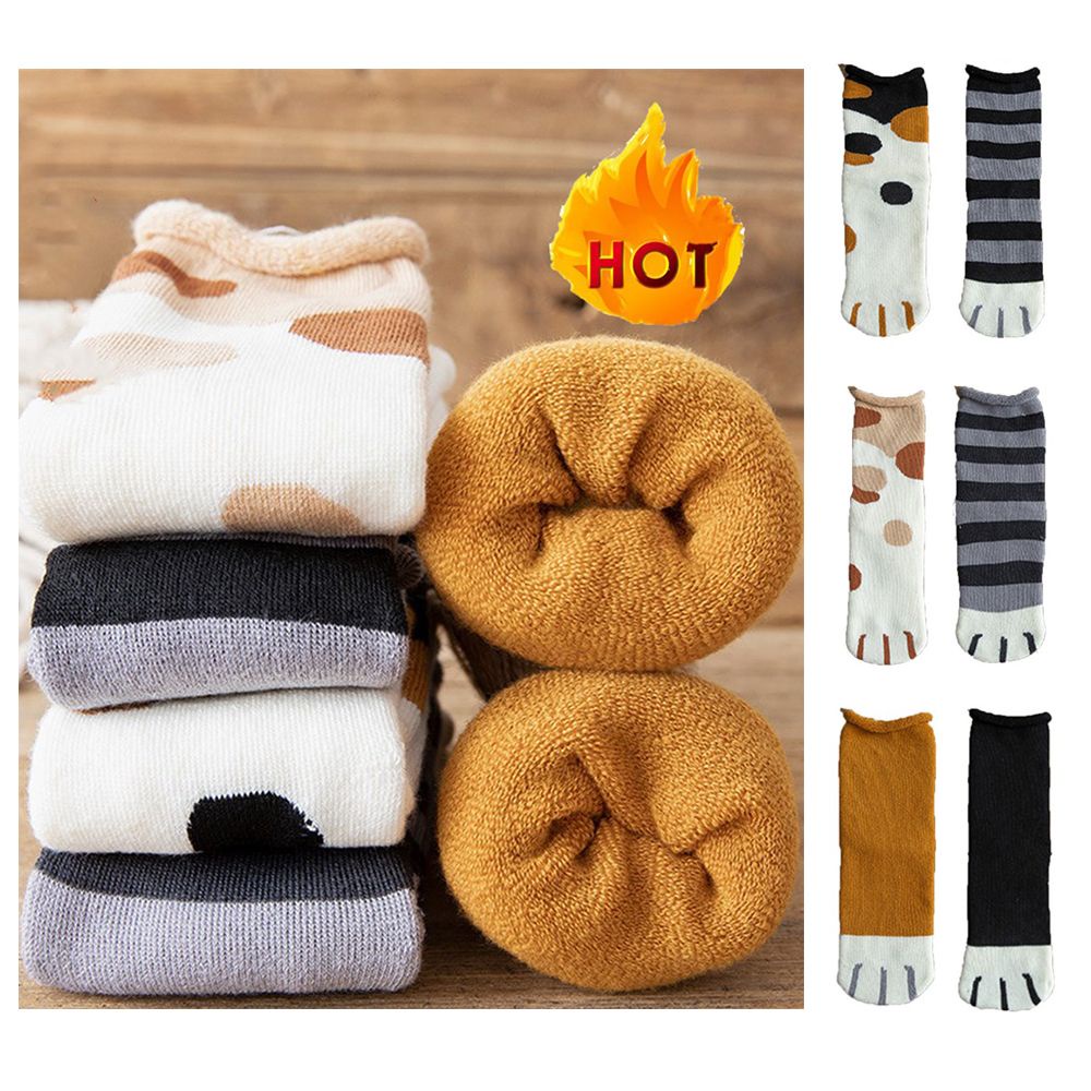Vớ cotton dày mềm mại in họa tiết dấu chân mèo giữ ấm mùa đông xinh xắn dành cho nữ
