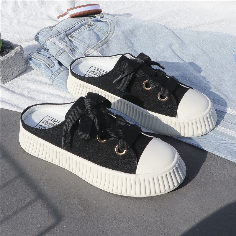 Giày Lười Không Gót Bằng Vải Canvas Đính Ruy Băng 3 Kiểu Thời Trang Mùa Hè Cho Nữ Size 35-40